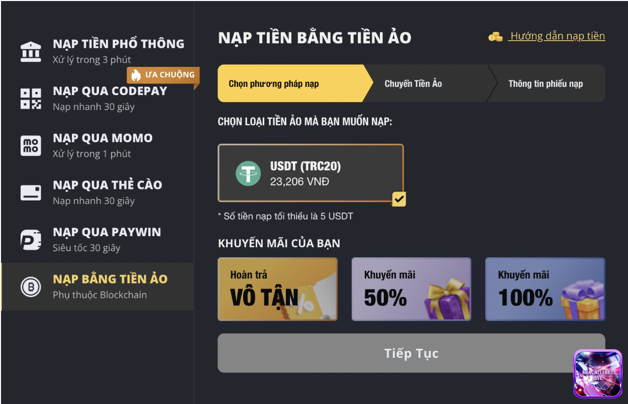 Nạp tiền KUBET bằng tiền ảo 