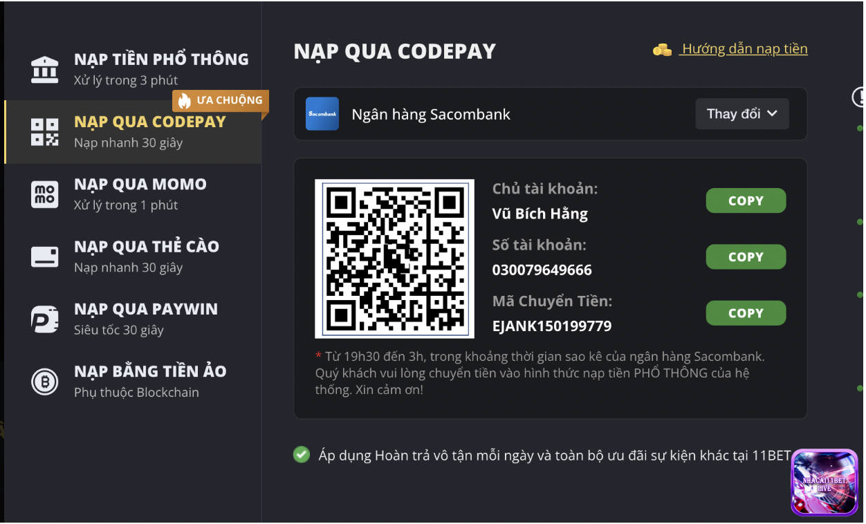 Nạp tiền KUBET qua codepay